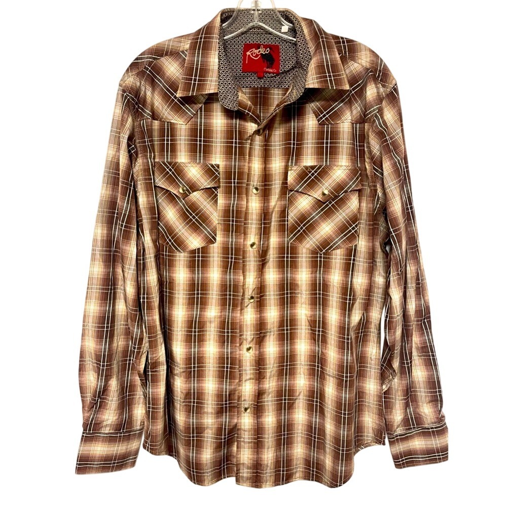 Rodeo Clothing Co. Brown Plaid Pearl Snap Western Shirt Mens Large